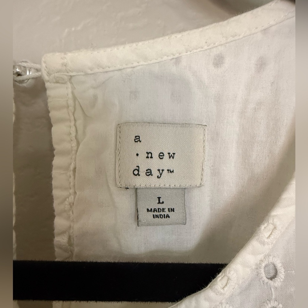 A New Day White Eyelet Midi Dress 100% Cotton Puff Sleeve Pockets LWD Bride L - Picture 5 of 11